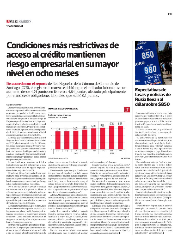 Condiciones Más Restrictivas De Acceso Al Crédito Mantienen Riesgo Empresarial En Su Mayor Nivel En Ocho Meses (28/4/2022)