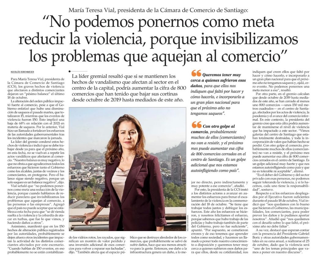 María Teresa Vial “No Podemos Ponernos Como Meta Reducir La Violencia, Porque Invisibilizamos Los Problemas Que Aquejan Al Comercio” (21/10/2022) María Teresa Vial “No Podemos Ponernos Como Meta Reducir La Violencia, Porque Invisibilizamos Los Problemas Que Aquejan Al Comercio” (21/10/2022)