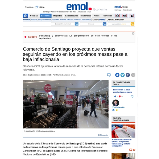 Comercio De Santiago Proyecta Que Ventas Seguirán Cayendo En Los Próximos Meses Pese A Baja Inflacionaria (08/09/2023) Comercio De Santiago Proyecta Que Ventas Seguirán Cayendo En Los Próximos Meses Pese A Baja Inflacionaria (08/09/2023)