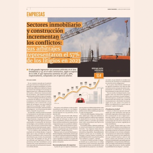 Sectores Inmobiliario Y Construcción Incrementan Los Conflictos: Sus Arbitrajes Representaron El 57% De Los Litigios En 2023 (20/05/2024) Sectores Inmobiliario Y Construcción Incrementan Los Conflictos: Sus Arbitrajes Representaron El 57% De Los Litigios En 2023 (20/05/2024)