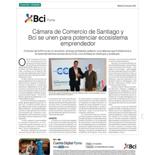 Cámara De Comercio De Santiago Y Bci Se Unen Para Potenciar Ecosistema Emprendedor (23/07/2024)
