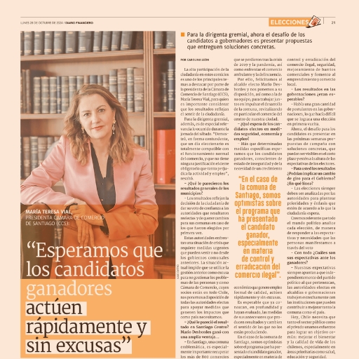 María Teresa Vial: “Esperamos Que Los Candidatos Ganadores Actúen Rápidamente Y Sin Excusas” (28/10/2024) María Teresa Vial: “Esperamos Que Los Candidatos Ganadores Actúen Rápidamente Y Sin Excusas” (28/10/2024)