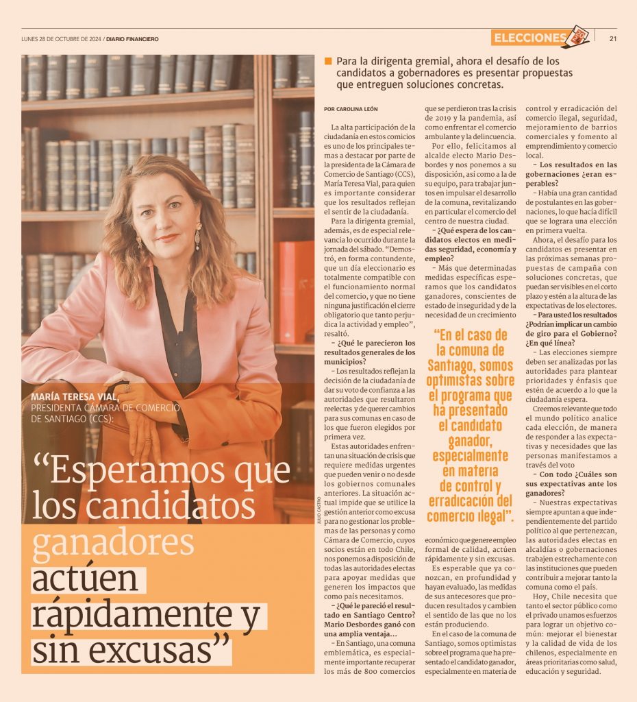 María Teresa Vial: “Esperamos Que Los Candidatos Ganadores Actúen Rápidamente Y Sin Excusas” (28/10/2024)