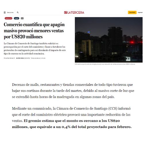 Comercio Cuantifica Que Apagón Masivo Provocó Menores Ventas Por Us$20 Millones (26/02/2025) Comercio Cuantifica Que Apagón Masivo Provocó Menores Ventas Por Us$20 Millones (26/02/2025)